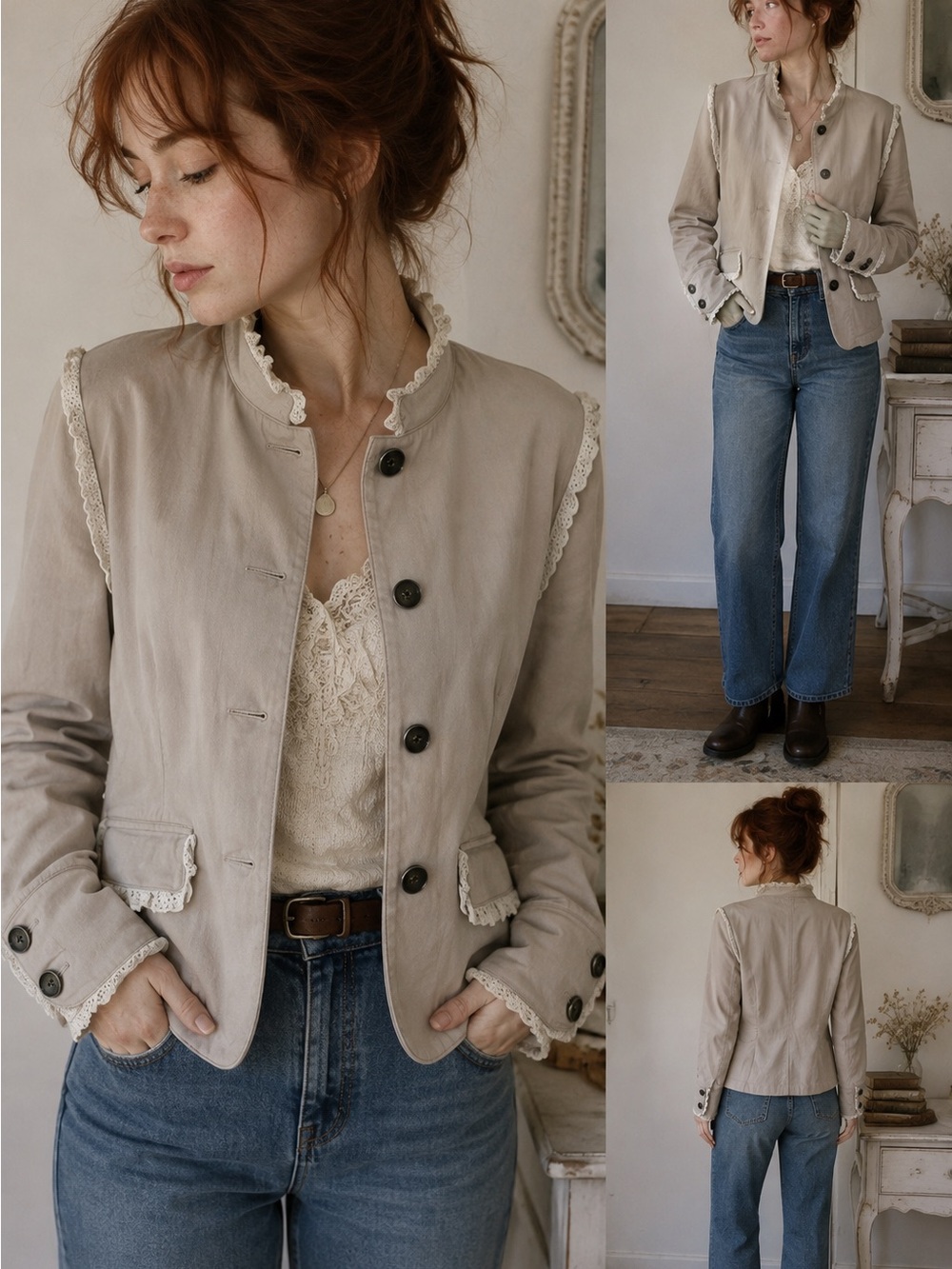 Zinc Lace Trim Fitted Jacket Blazer Beige Brown Size XL Juniors